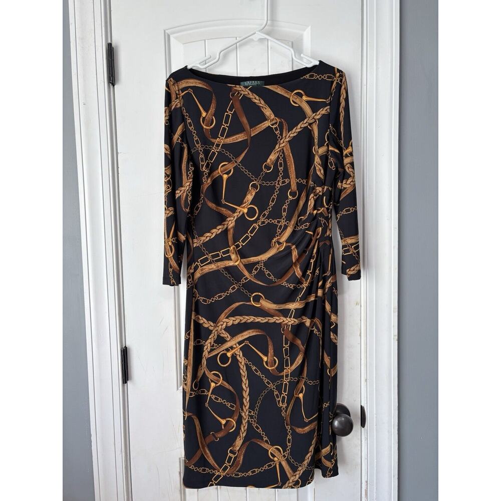 L AUREN RALPH LAUREN Black Gold Chain Link Jersey Dress Boat Neck Pullover Sz 12